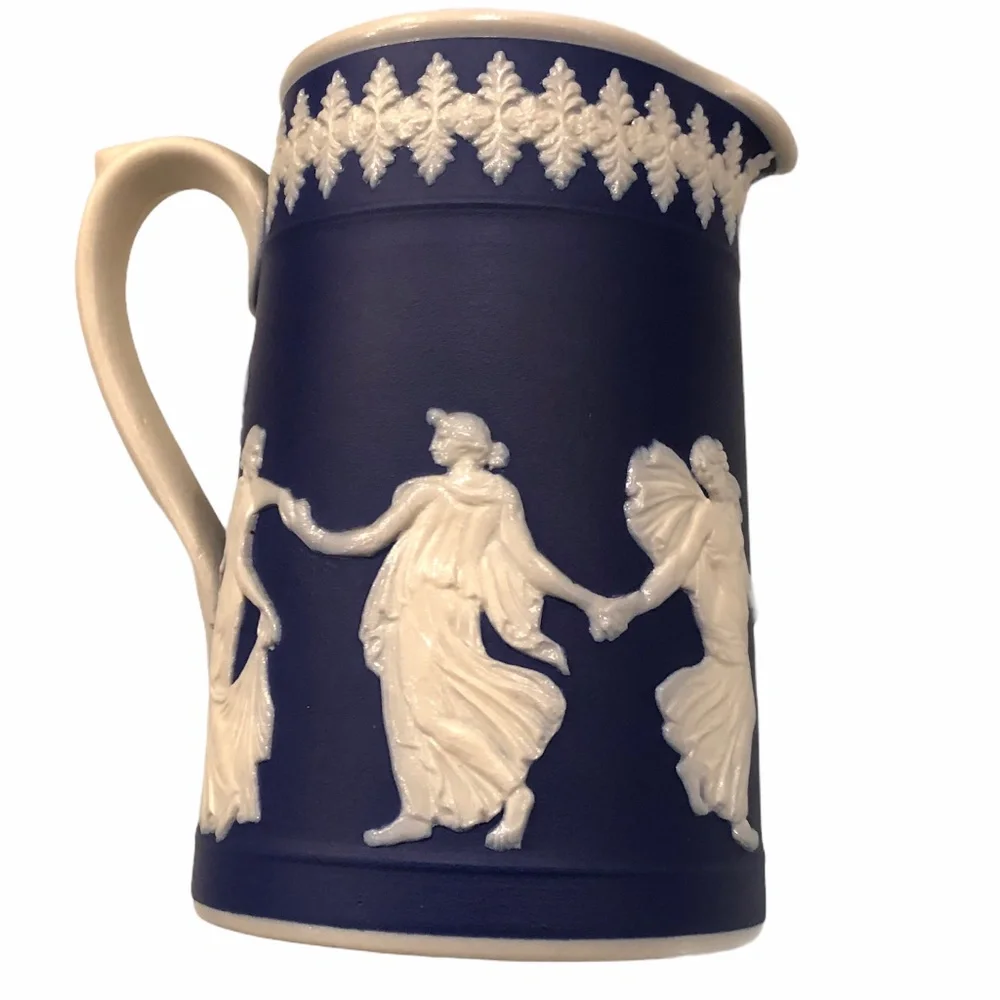 DUDSON HANLEY JASPERWARE BLUE WITH WHITE RAISED RELIEF NEOCLASSICAL PITCHER